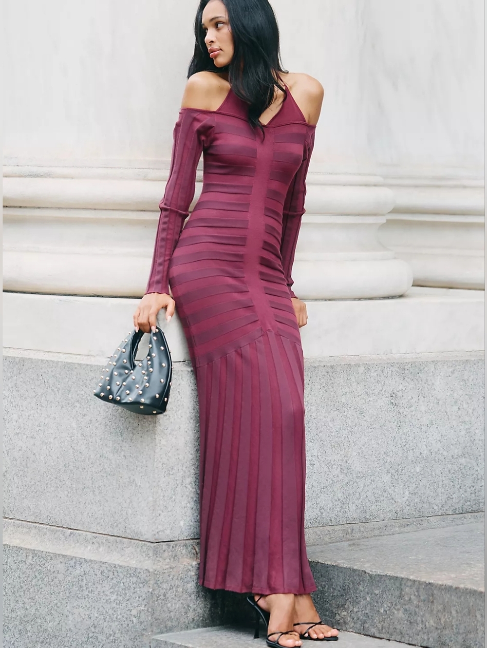 Anthropologie Burgundy Mauve Off-Shoulder Ruched Maxi Sweater Dress